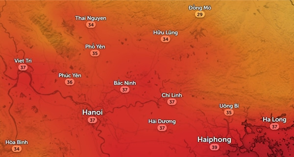 Nhiệt độ cảm nhận thực tế ở một số tỉnh thành miền Bắc vào đêm 15/6. Ảnh: Zoom Earth, OpenStreetMap.