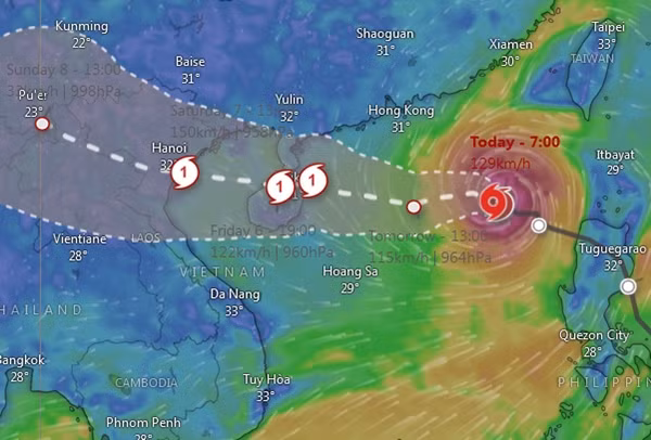 Dự báo của ECMWF khá khác biệt so với các mô hình khác khi cho rằng bão đổ bộ vào Nam Định. Ảnh: Windy. Dự báo của ECMWF khá khác biệt so với các mô hình khác khi cho rằng bão đổ bộ vào Nam Định. Ảnh: Windy.