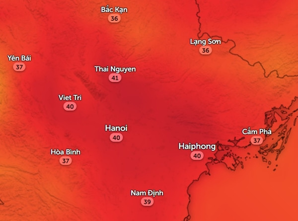 Nhiệt độ cảm nhận ở một số tỉnh thành miền Bắc vào trưa và chiều mai, 23/6. Ảnh: Zoom Earth, OpenStreetMap. Nhiệt độ cảm nhận ở một số tỉnh thành miền Bắc vào trưa và chiều mai, 23/6. Ảnh: Zoom Earth, OpenStreetMap.