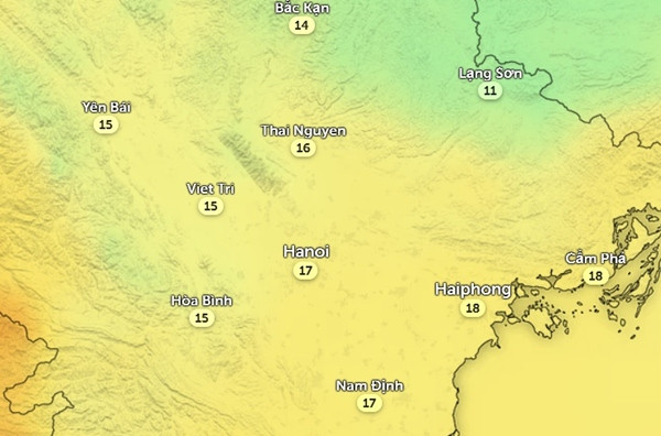 Nhiệt độ một số tỉnh thành miền Bắc vào chiều nay, 28/2. Ảnh: Zoom Earth, OpenStreetMap.