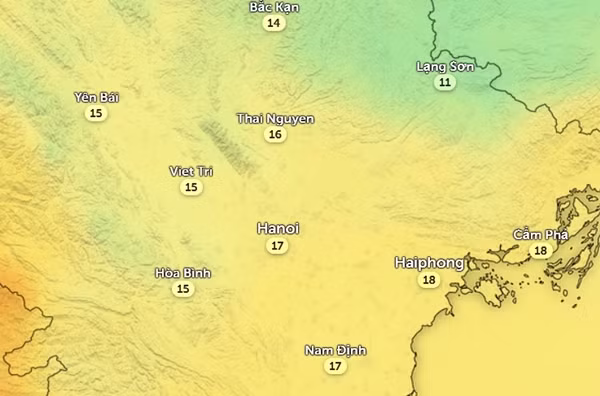 Nhiệt độ một số tỉnh thành miền Bắc vào chiều nay, 28/2. Ảnh: Zoom Earth, OpenStreetMap.