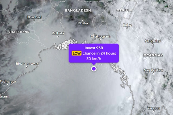 Vị trí của áp thấp 93B vào sáng nay, 13/9. Ảnh: Zoom Earth, OpenStreetMap. Vị trí của áp thấp 93B vào sáng nay, 13/9. Ảnh: Zoom Earth, OpenStreetMap.