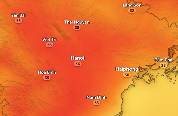 Nhiệt độ ở một số tỉnh thành miền Bắc vào chiều thứ Bảy, 30/3. Ảnh: Zoom Earth, OpenStreetMap. Nhiệt độ ở một số tỉnh thành miền Bắc vào chiều thứ Bảy, 30/3. Ảnh: Zoom Earth, OpenStreetMap.