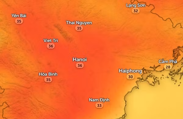 Nhiệt độ ở một số tỉnh thành miền Bắc vào chiều thứ Bảy, 30/3. Ảnh: Zoom Earth, OpenStreetMap.