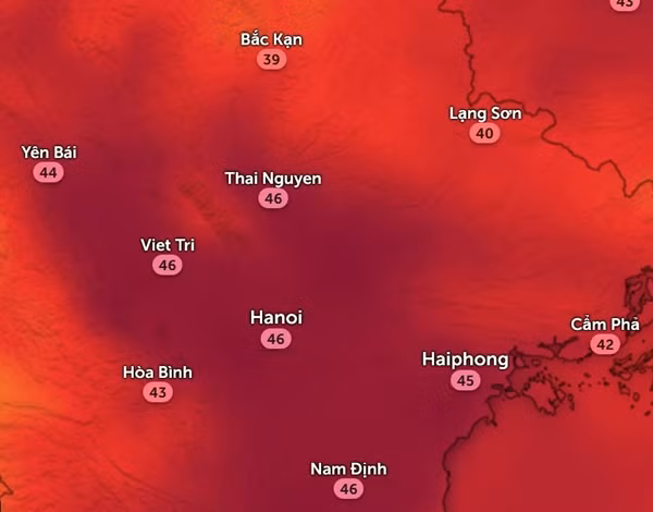 Nhiệt độ cảm nhận ở một số tỉnh thành miền Bắc vào đầu giờ chiều 21/6, ngày cao điểm trong đợt nắng nóng này. Ảnh: Zoom Earth, OpenStreetMap.