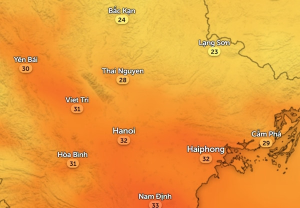 Nhiệt độ ở một số tỉnh thành miền Bắc vào sáng 1/5 (nhiệt độ cảm nhận thực tế ngoài trời). Ảnh: Zoom Earth, OpenStreetMap. Nhiệt độ ở một số tỉnh thành miền Bắc vào sáng 1/5 (nhiệt độ cảm nhận thực tế ngoài trời). Ảnh: Zoom Earth, OpenStreetMap.