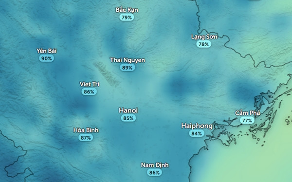 Độ ẩm ở một số tỉnh thành miền Bắc vào sáng sớm mai: Độ ẩm vào buổi sáng sớm và tối muộn có xu hướng tăng dần. Ảnh: Zoom Earth, OpenStreetMap. Độ ẩm ở một số tỉnh thành miền Bắc vào sáng sớm mai: Độ ẩm vào buổi sáng sớm và tối muộn có xu hướng tăng dần. Ảnh: Zoom Earth, OpenStreetMap.