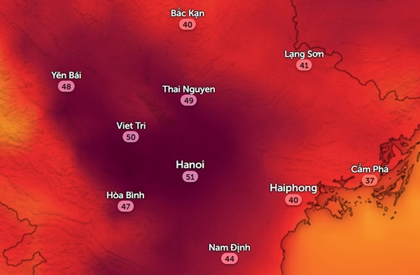 Nhiệt độ cảm nhận thực tế ngoài trời ở một số tỉnh thành miền Bắc vào 14 - 15h Chủ Nhật, 28/4: Dự báo Hà Nội vượt 50oC. Ảnh: Zoom Earth, OpenStreetMap. Nhiệt độ cảm nhận thực tế ngoài trời ở một số tỉnh thành miền Bắc vào 14 - 15h Chủ Nhật, 28/4: Dự báo Hà Nội vượt 50oC. Ảnh: Zoom Earth, OpenStreetMap.
