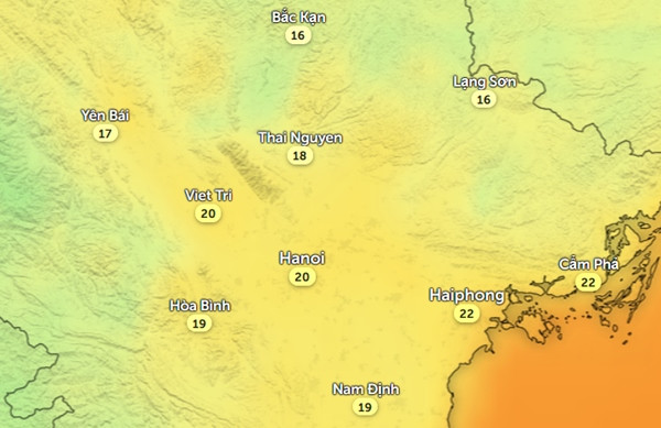 Nhiệt độ cảm nhận ở một số tỉnh thành miền Bắc vào sáng sớm mai, 5/10. Ảnh: Zoom Earth, OpenStreetMap. Nhiệt độ cảm nhận ở một số tỉnh thành miền Bắc vào sáng sớm mai, 5/10. Ảnh: Zoom Earth, OpenStreetMap.