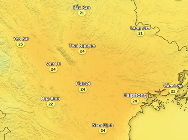 Nhiệt độ cảm nhận ở một số tỉnh thành miền Bắc vào chiều nay, 25/12. Ảnh: Zoom Earth, OpenStreetMap, ICON. Nhiệt độ cảm nhận ở một số tỉnh thành miền Bắc vào chiều nay, 25/12. Ảnh: Zoom Earth, OpenStreetMap, ICON.