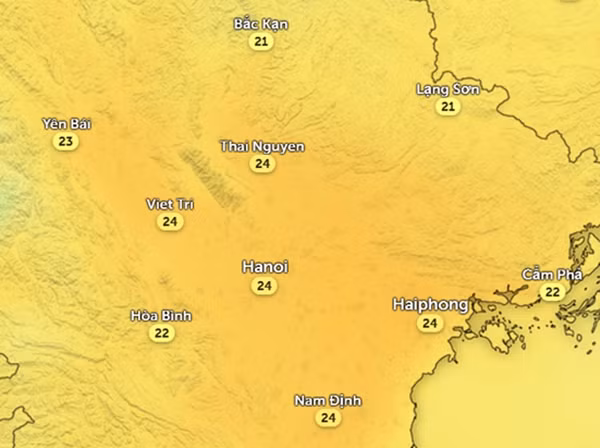 Nhiệt độ cảm nhận ở một số tỉnh thành miền Bắc vào chiều nay, 25/12. Ảnh: Zoom Earth, OpenStreetMap, ICON.