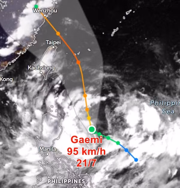 Vị trí và đường đi dự báo của bão Gaemi. Ảnh: Zoom Earth, JMA.
