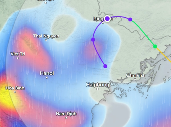 Dự báo mưa ở nhiều tỉnh thành miền Bắc vào sáng mai, 24/7 (những vùng màu xanh da trời là mưa nhỏ đến vừa, màu đỏ là mưa vừa đến mưa to, màu vàng là mưa to đến rất to). Ảnh: Zoom Earth, OpenStreetMap.