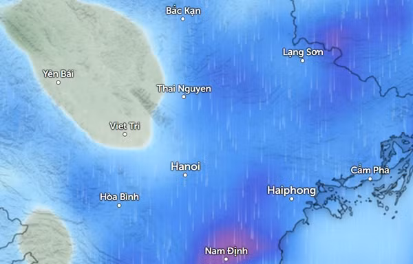 Dự báo mưa ở một số tỉnh thành miền Bắc vào chiều mai, 20/8. Ảnh: Zoom Earth, OpenStreetMap.