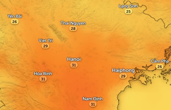 Nhiệt độ ở một số tỉnh thành miền Bắc vào chiều nay, 29/3. Ảnh: Zoom Earth, OpenStreetMap. Nhiệt độ ở một số tỉnh thành miền Bắc vào chiều nay, 29/3. Ảnh: Zoom Earth, OpenStreetMap.