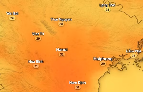 Nhiệt độ ở một số tỉnh thành miền Bắc vào chiều nay, 29/3. Ảnh: Zoom Earth, OpenStreetMap.