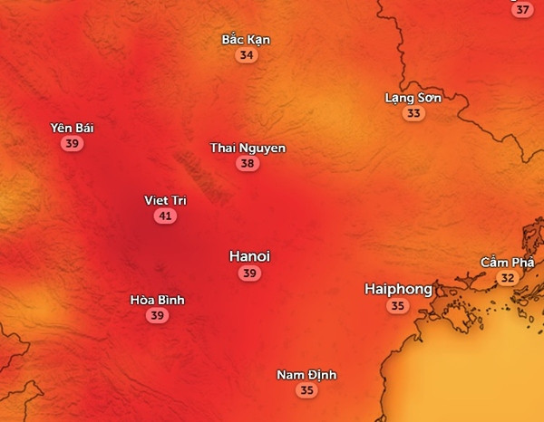 Nhiệt độ ở một số tỉnh thành miền Bắc lúc 14h hôm nay, 16/4. Ảnh: Zoom Earth, OpenStreetMap. Nhiệt độ ở một số tỉnh thành miền Bắc lúc 14h hôm nay, 16/4. Ảnh: Zoom Earth, OpenStreetMap.