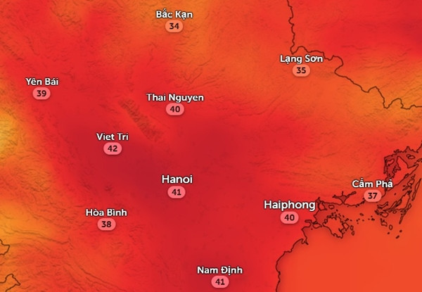 Từ thứ Sáu, 5/7, nhiệt độ toàn miền Bắc lại tăng. Trong hình là dự báo nhiệt độ cảm nhận ở một số tỉnh thành miền Bắc vào trưa và đầu giờ chiều thứ Sáu. Ảnh: Zoom Earth, OpenStreetMap. Từ thứ Sáu, 5/7, nhiệt độ toàn miền Bắc lại tăng. Trong hình là dự báo nhiệt độ cảm nhận ở một số tỉnh thành miền Bắc vào trưa và đầu giờ chiều thứ Sáu. Ảnh: Zoom Earth, OpenStreetMap.