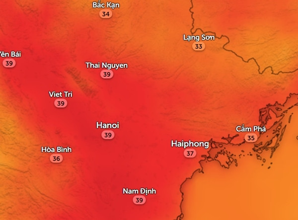 Trước khi bước vào đợt nắng nóng mới, phần lớn miền Bắc trong tuần này đã khá nóng. Trong hình là nhiệt độ cảm nhận chiều thứ Ba, 21/5. Ảnh: Zoom Earth, OpenStreetMap. Trước khi bước vào đợt nắng nóng mới, phần lớn miền Bắc trong tuần này đã khá nóng. Trong hình là nhiệt độ cảm nhận chiều thứ Ba, 21/5. Ảnh: Zoom Earth, OpenStreetMap.