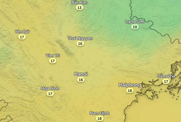 Nhiệt độ một số tỉnh thành miền Bắc sáng sớm thứ Tư, 28/2. Ảnh: Zoom Earth, OpenStreetMap.