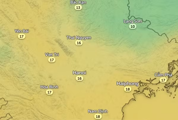 Nhiệt độ một số tỉnh thành miền Bắc sáng sớm thứ Tư, 28/2. Ảnh: Zoom Earth, OpenStreetMap.