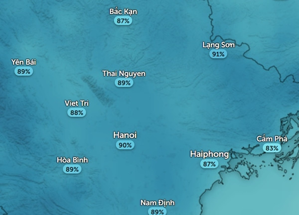 Độ ẩm cao ở một số tỉnh thành miền Bắc vào buổi tối muộn, lúc sáng sớm còn lên cao hơn. Ảnh: Zoom Earth, OpenStreetMap.