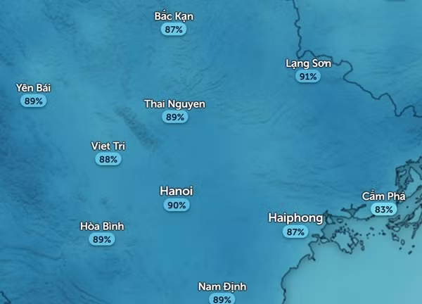 Độ ẩm cao ở một số tỉnh thành miền Bắc vào buổi tối muộn, lúc sáng sớm còn lên cao hơn. Ảnh: Zoom Earth, OpenStreetMap.