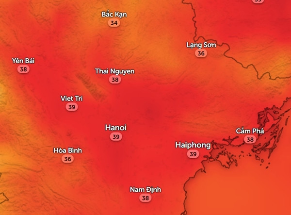 Dự báo nhiệt độ ở một số tỉnh thành miền Bắc vào đầu giờ chiều ngày thứ Năm, 27/6 (ngày đầu tiên thi tốt nghiệp THPT). Ảnh: Zoom Earth, OpenStreetMap.