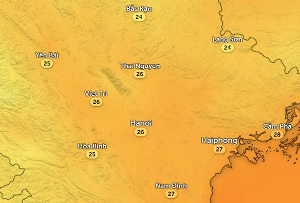 Nhiệt độ không khí thấp nhất trong ngày vào 6h sáng mai, 6/8, ở một số tỉnh thành miền Bắc. Ảnh: Zoom Earth, OpenStreetMap. Nhiệt độ không khí thấp nhất trong ngày vào 6h sáng mai, 6/8, ở một số tỉnh thành miền Bắc. Ảnh: Zoom Earth, OpenStreetMap.