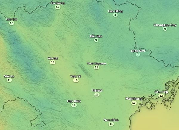 Thời điểm nhiệt độ phần lớn miền Bắc xuống thấp nhất trong đợt không khí lạnh này là sáng sớm thứ Bảy, 2/3. Ảnh: Zoom Earth, OpenStreetMap.