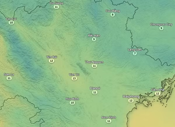 Thời điểm nhiệt độ phần lớn miền Bắc xuống thấp nhất trong đợt không khí lạnh này là sáng sớm thứ Bảy, 2/3. Ảnh: Zoom Earth, OpenStreetMap.