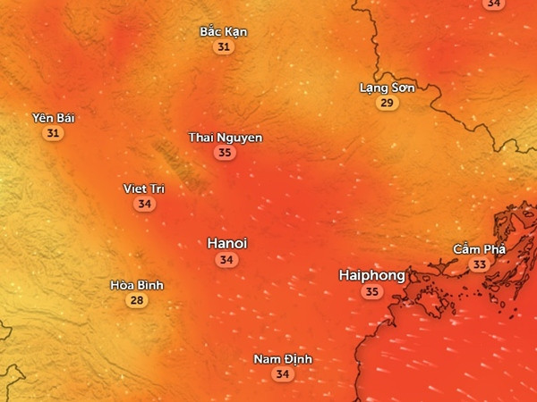 Nhiệt độ cảm nhận ở một số tỉnh thành miền Bắc vào chiều nay, 18/7. Ảnh: Zoom Earth, OpenStreetMap.