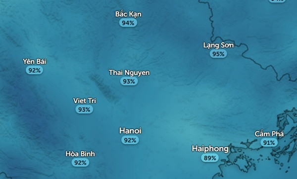 Độ ẩm rất cao ở phần lớn các tỉnh thành miền Bắc vào sáng thứ Năm, 14/3. Ảnh: Zoom Earth, OpenStreetMap. Độ ẩm rất cao ở phần lớn các tỉnh thành miền Bắc vào sáng thứ Năm, 14/3. Ảnh: Zoom Earth, OpenStreetMap.