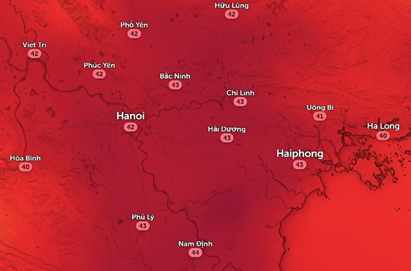 Nhiệt độ cảm nhận ở một số tỉnh thành miền Bắc chiều nay, 6/8. Ảnh: Zoom Earth, OpenStreetMap.