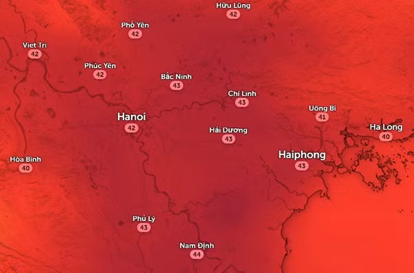 Nhiệt độ cảm nhận ở một số tỉnh thành miền Bắc chiều nay, 6/8. Ảnh: Zoom Earth, OpenStreetMap.