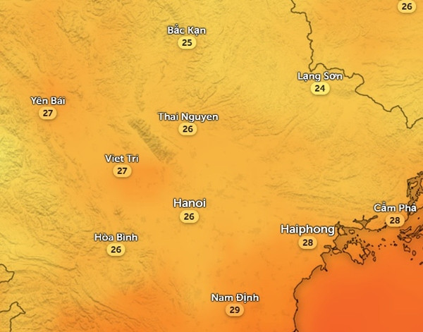 Nhiệt độ cảm nhận ở một số tỉnh thành miền Bắc vào sáng mai: Trời mát. Ảnh: Zoom Earth, OpenStreetMap. Nhiệt độ cảm nhận ở một số tỉnh thành miền Bắc vào sáng mai: Trời mát. Ảnh: Zoom Earth, OpenStreetMap.