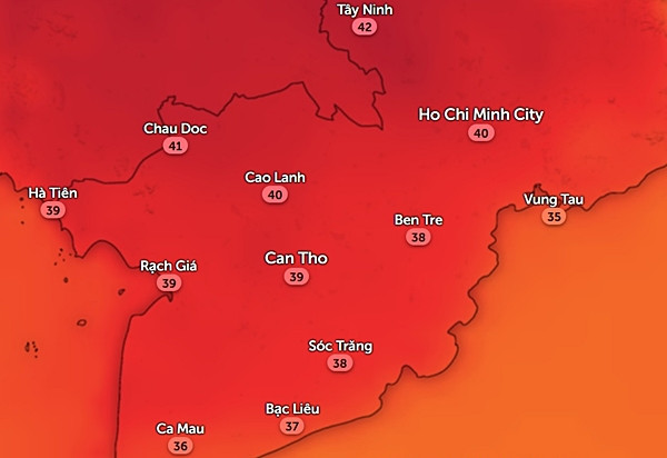 Nhiệt độ ở một số tỉnh thành miền Nam nước ta vào chiều thứ Bảy và Chủ Nhật (13 - 14/4). Ảnh: Zoom Earth, OpenStreetMap.