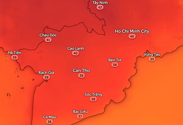 Nhiệt độ ở một số tỉnh thành miền Nam nước ta vào chiều thứ Bảy và Chủ Nhật (13 - 14/4). Ảnh: Zoom Earth, OpenStreetMap.
