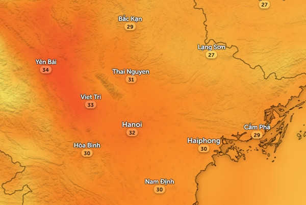 Nhiệt độ cảm nhận ở một số tỉnh thành miền Bắc vào trưa và chiều nay, 1/11. Ảnh: Zoom Earth, OpenStreetMap, DWD.