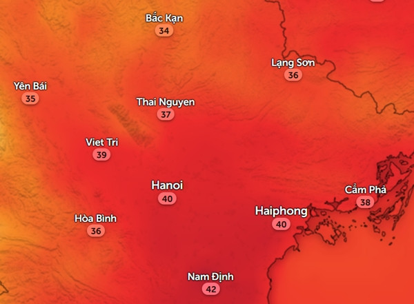 Nhiệt độ cảm nhận ở một số tỉnh thành miền Bắc vào trưa và chiều nay. Ảnh: Zoom Earth, OpenStreetMap.