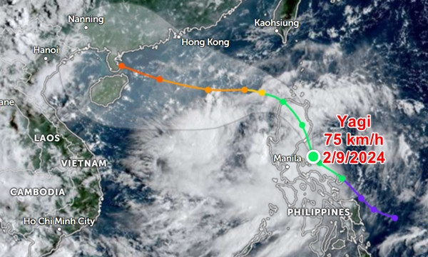 Vị trí hiện tại và đường đi dự báo đến ngày 7/9 của bão Yagi. Ảnh: Zoom Earth, JMA.