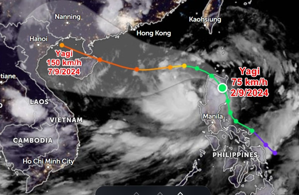 Vị trí vào tối 2/9 và dự báo đường đi đến ngày 7/9 của bão Yagi. Dự báo này dựa trên thông tin từ Trung tâm Cảnh báo Bão Liên hợp (JTWC) của Mỹ. Ảnh: Zoom Earth.