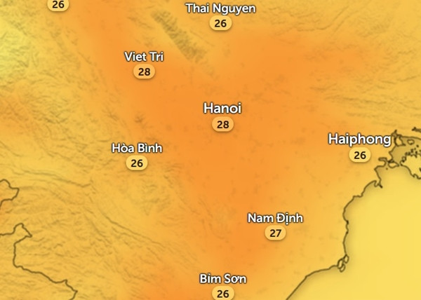 Dự báo nhiệt độ Hà Nội và một số tỉnh thành miền Bắc vào 14h ngày 2/1/2024. Ảnh: Zoom Earth, OpenStreetMap.