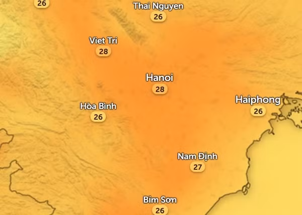 Dự báo nhiệt độ Hà Nội và một số tỉnh thành miền Bắc vào 14h ngày 2/1/2024. Ảnh: Zoom Earth, OpenStreetMap.