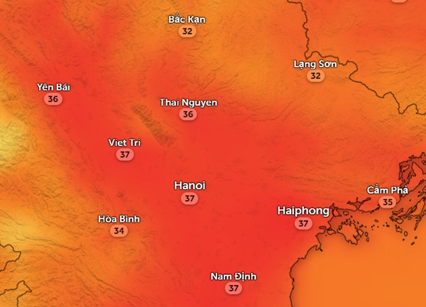Nhiệt độ cảm nhận ở một số tỉnh thành miền Bắc vào trưa và chiều nay, 26/9. Ảnh: Zoom Earth, OpenStreetMap.