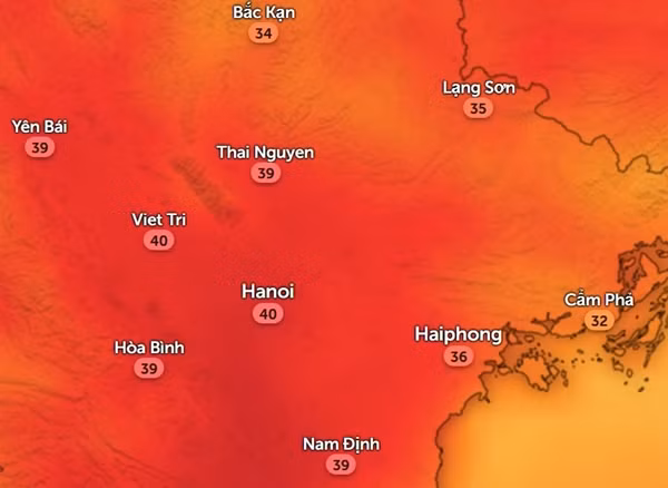 Nhiệt độ ở một số tỉnh thành miền Bắc vào đầu giờ chiều thứ Ba và thứ Tư (16 - 17/4). Ảnh: Zoom Earth, OpenStreetMap.