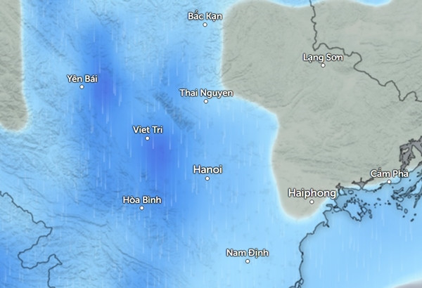 Dự báo nhiều tỉnh thành ở miền Bắc vẫn có mưa vào chiều tối đến tối nay (những vùng màu xanh da trời là có mưa). Ảnh: Zoom Earth, OpenStreetMap.