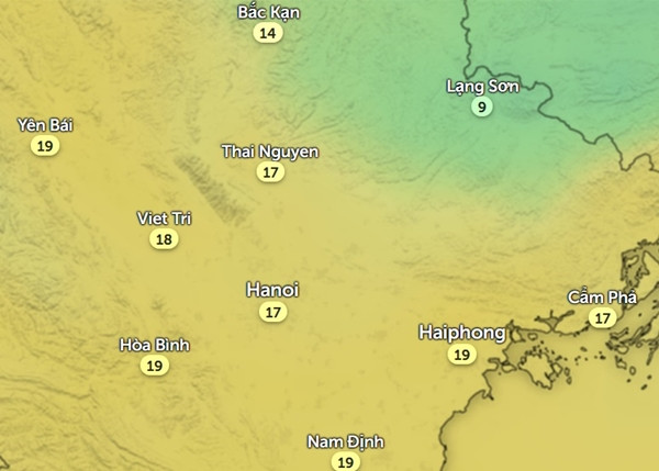 Nhiệt độ ở một số tỉnh thành miền Bắc vào 6h - 7h sáng mai, 24/2. Ảnh: Zoom Earth, OpenStreetMap.