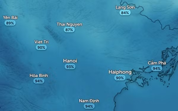 Độ ẩm cao ở nhiều tỉnh thành miền Bắc vào sáng nay, 5/4. Ảnh: Zoom Earth, OpenStreetMap.