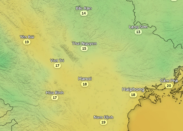 Nhiệt độ ở một số tỉnh thành miền Bắc vào sáng sớm mai, 21/11, thời điểm lạnh nhất của đợt không khí lạnh này. Ảnh: Zoom Earth, OpenStreetMap, ICON.
